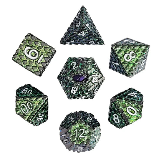 Dragon's Gaze Shimmering Green Metal RPG Dice Set Dice Forged Dice Co Dragon's Gaze Shimmering Green Metal RPG Dice Set