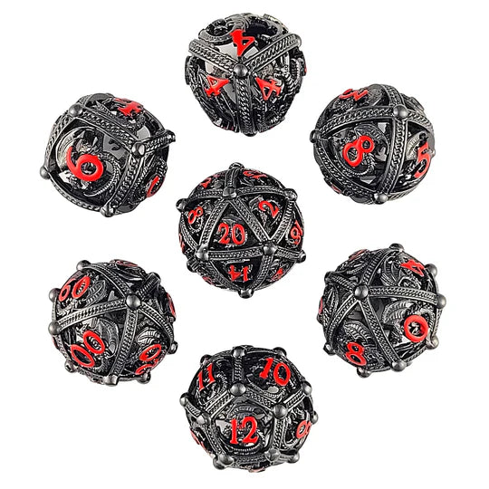 Dragons Bauble Gunmetal Red Hollow Metal RPG Dice Set Dice Forged Dice Co Dragons Bauble Gunmetal Red Hollow
