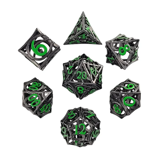 Entangled Fate Silver Green Hollow Metal RPG Dice Set Dice Forged Dice Co Entangled Fate Silver Green Hollow Metal RPG Dice Set