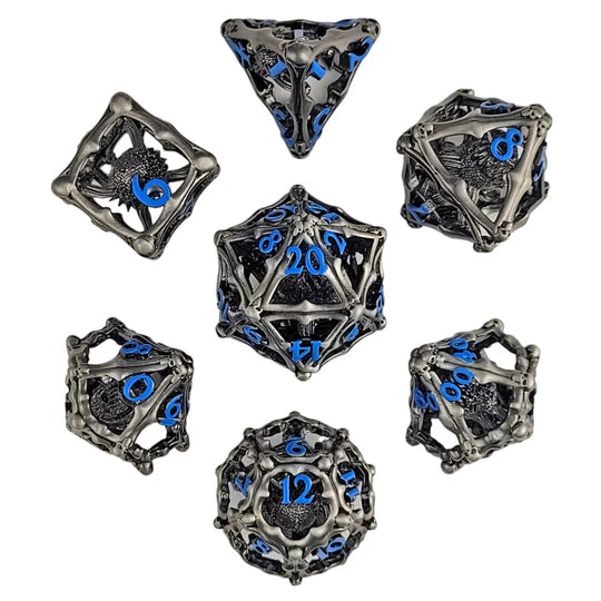 Grave Watcher Silver Blue Hollow Metal RPG Dice Set Dice Forged Dice Co Grave Watcher Silver Blue Hollow Metal