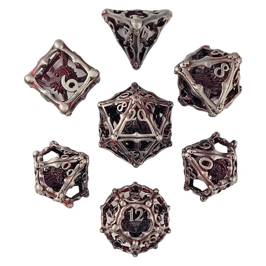 Grave Watcher Silver Red Hollow Metal RPG Dice Set Dice Forged Dice Co Grave Watcher Silver Red Hollow