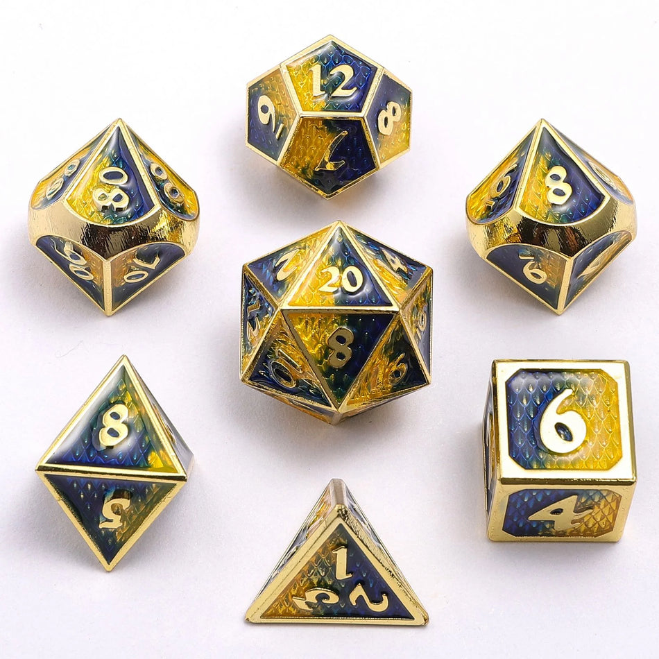 Solid Metal Mini Behemoth Dice Set - Gold with Yellow and Blue Enamel Dice Hymgho