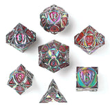 Solid Metal Fighter Class RPG Dice Set - Rainbow with UV Reactive Pink Dice Hymgho