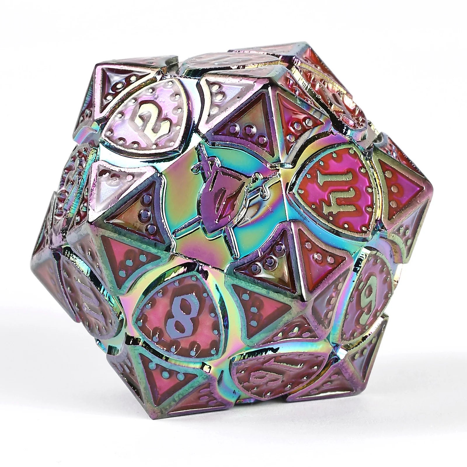 Solid Metal Fighter Class RPG Dice Set - Rainbow with UV Reactive Pink Dice Hymgho
