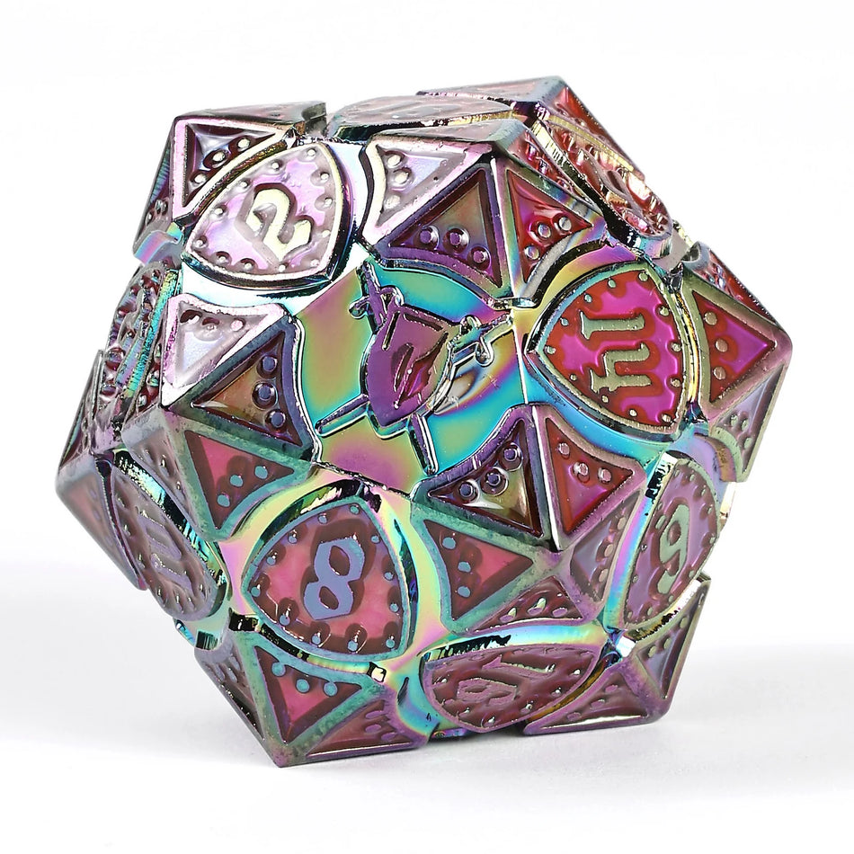 Solid Metal Fighter Class RPG Dice Set - Rainbow with UV Reactive Pink Dice Hymgho