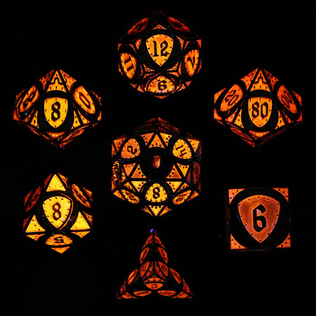 Solid Metal Fighter Class RPG Dice Set - Rainbow with UV Reactive Pink Dice Hymgho