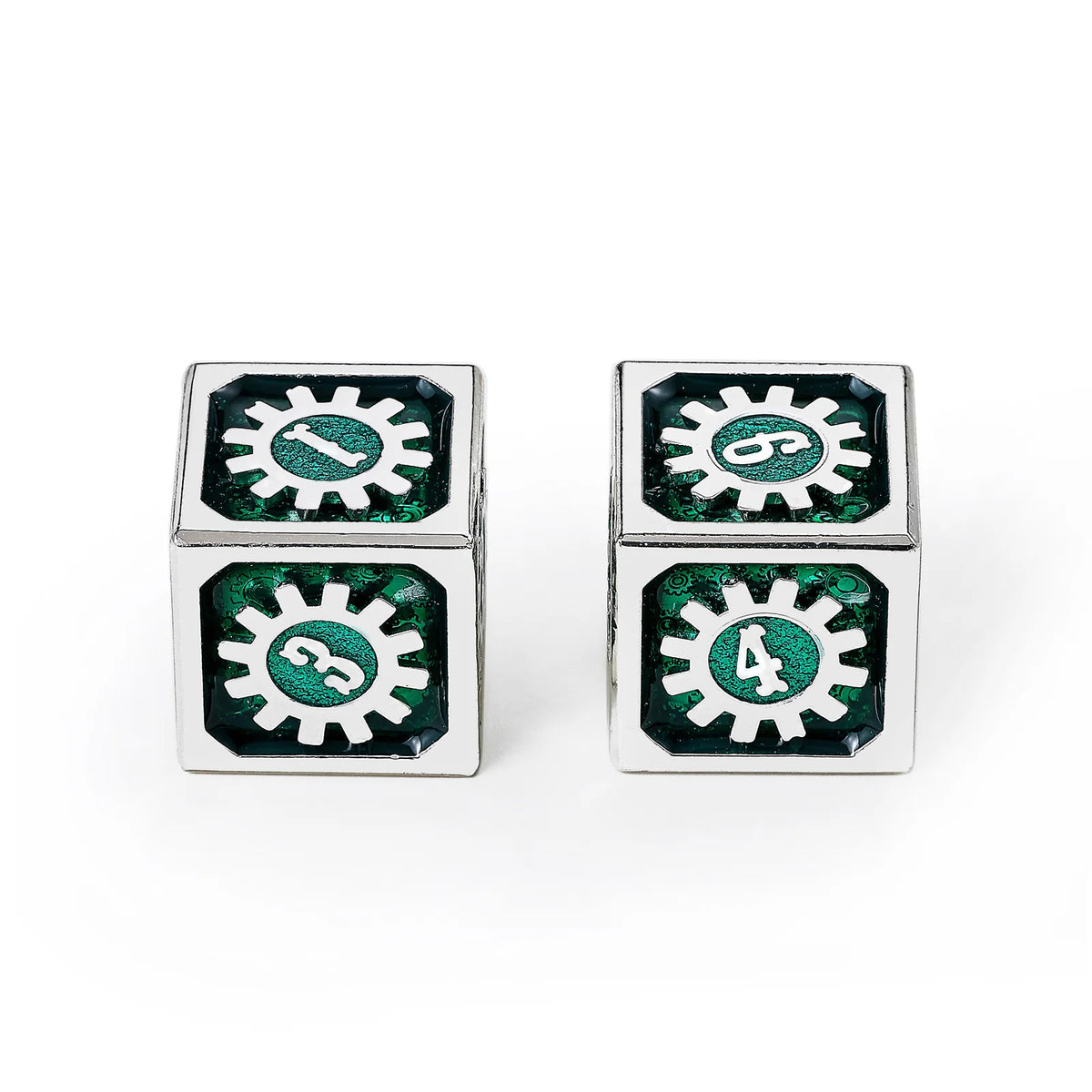 Cogcraft Fidget D6 - Time Machine - Green & Silver Dice Hymgho