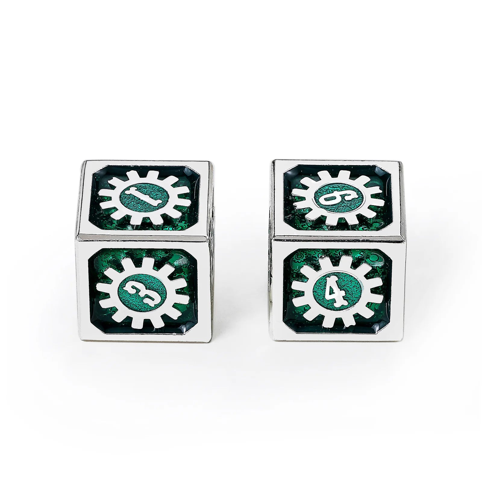 Cogcraft Fidget D6 - Time Machine - Green & Silver Dice Hymgho
