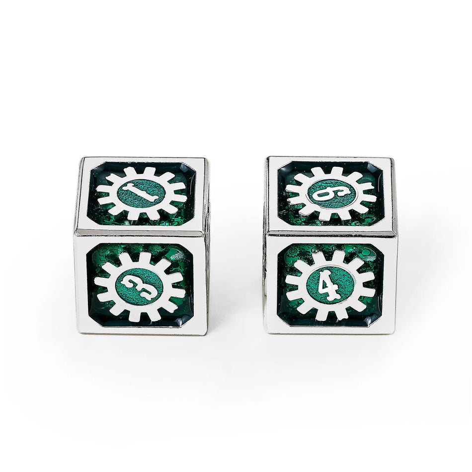 Cogcraft Fidget D6 - Time Machine - Green & Silver Dice Hymgho