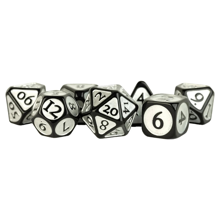7-Set: Acrylic: 16mm: Black w/ Silver Enamel Dice FanRoll by Metallic Dice Games 7-Set: Acrylic: 16mm: Black w/ Silver Enamel