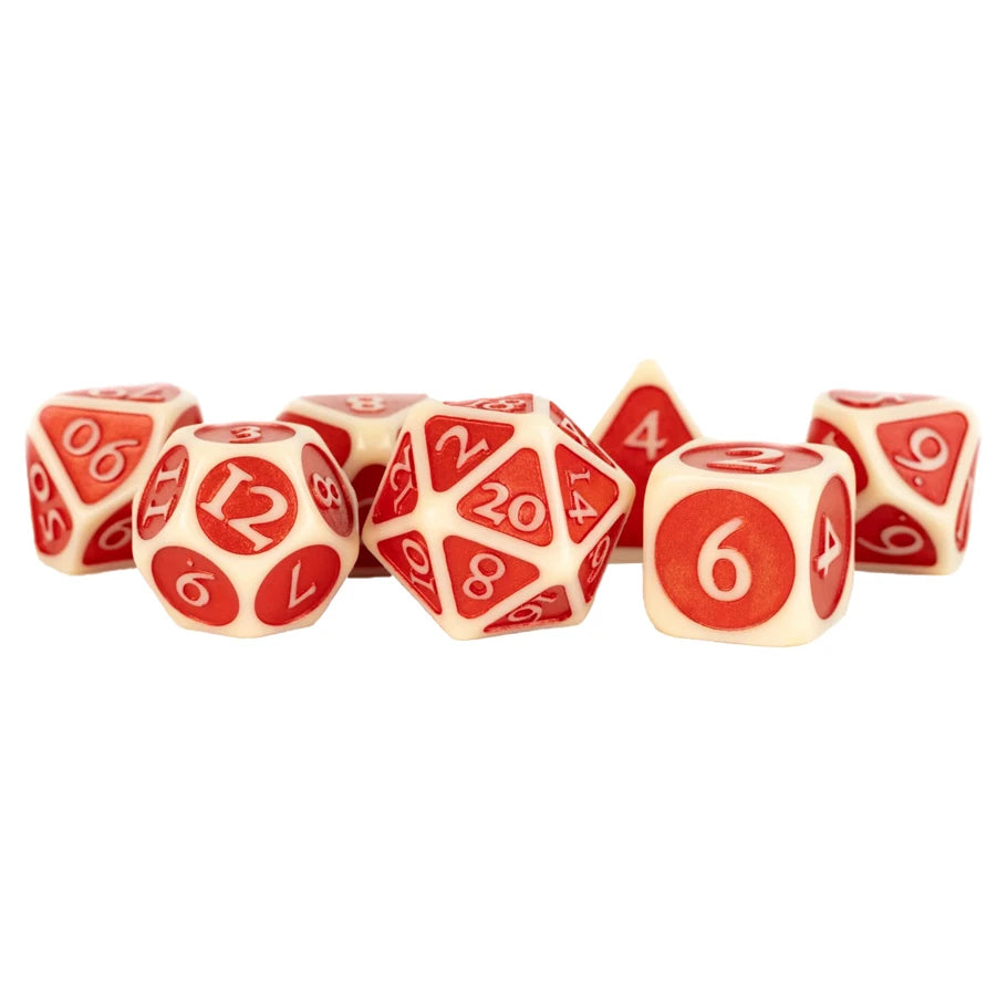 7-Set: Acrylic: 16mm: Ivory w/ Red Enamel Dice FanRoll by Metallic Dice Games 7-Set: Acrylic: 16mm: Ivory w/ Red Enamel