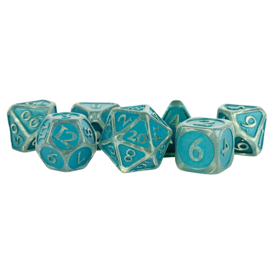 7-Set: Acrylic: 16mm Ice w/ Blue Enamel Dice FanRoll by Metallic Dice Games 7-Set: Acrylic: 16mm Ice w/ Blue Enamel
