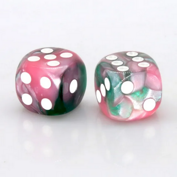 12 piece Pip D6's - Pink and Green Pearlescent Dice Foam Brain Games   