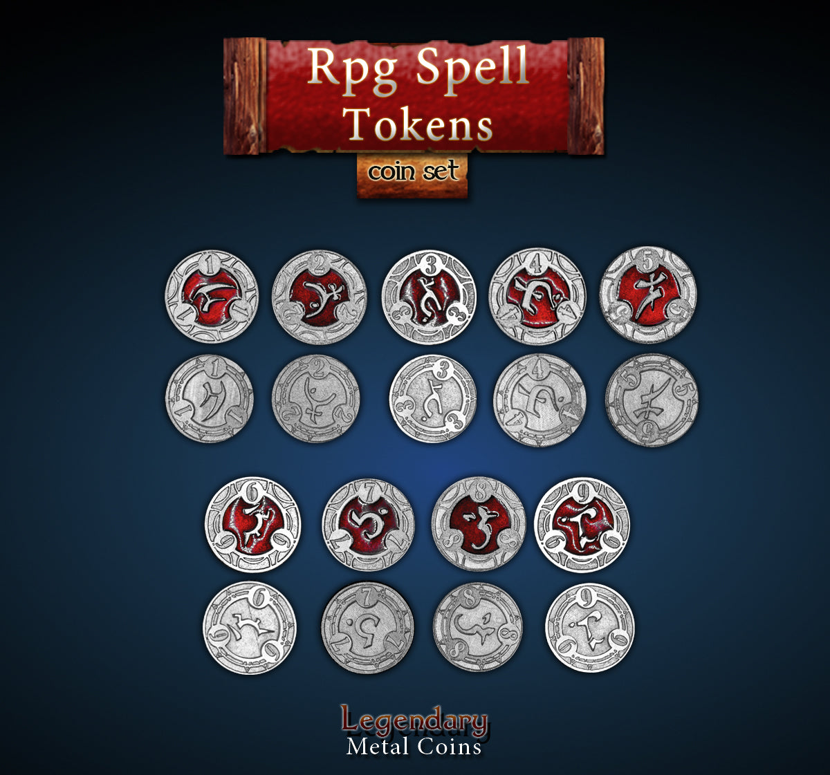 Legendary Metal Coins - RPG Spell Tokens (9 options) Supplies Drawlab Entertainment