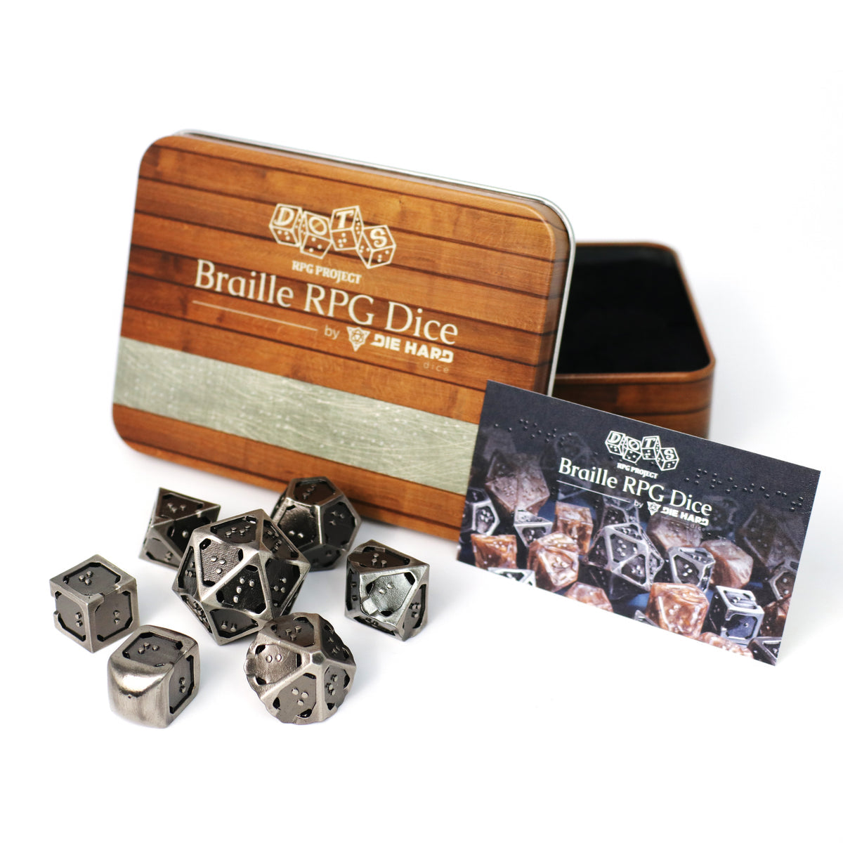 Die Hard Dice 7pc RPG Set - DOTS Braille Hollow Metal - Silver Ingot Dice Die Hard Dice 7ct Braille Hollow Metal - Silver Ingot