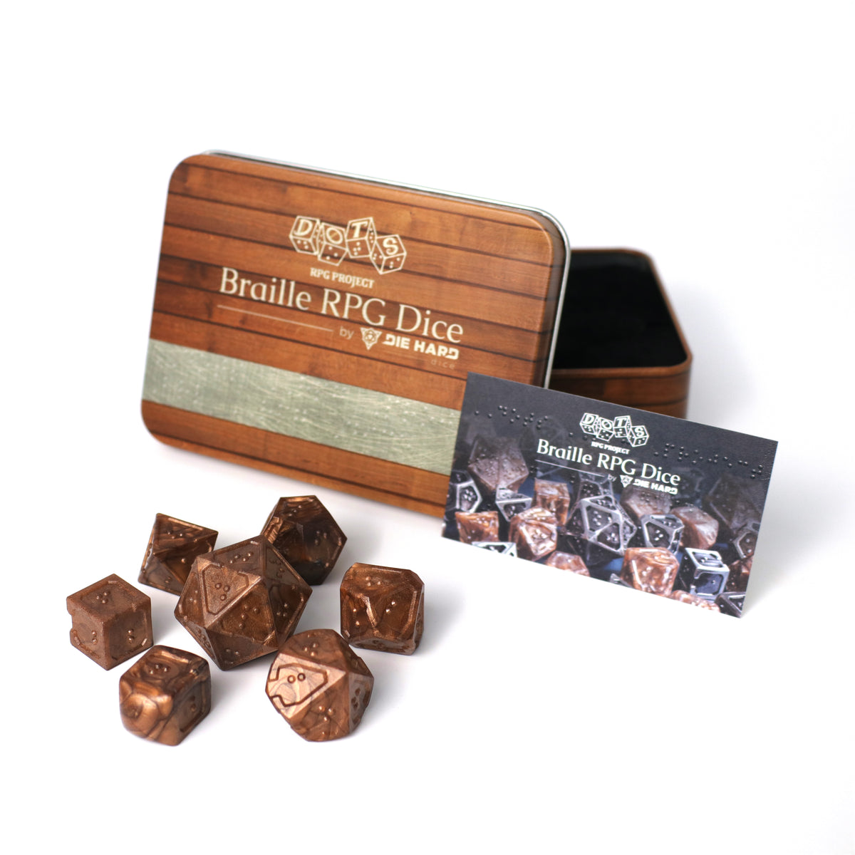Die Hard Dice 7pc RPG Set - DOTS Braille Acrylic - Molten Bronze Dice Die Hard Dice 7ct Braille Acrylic - Molten Bronze
