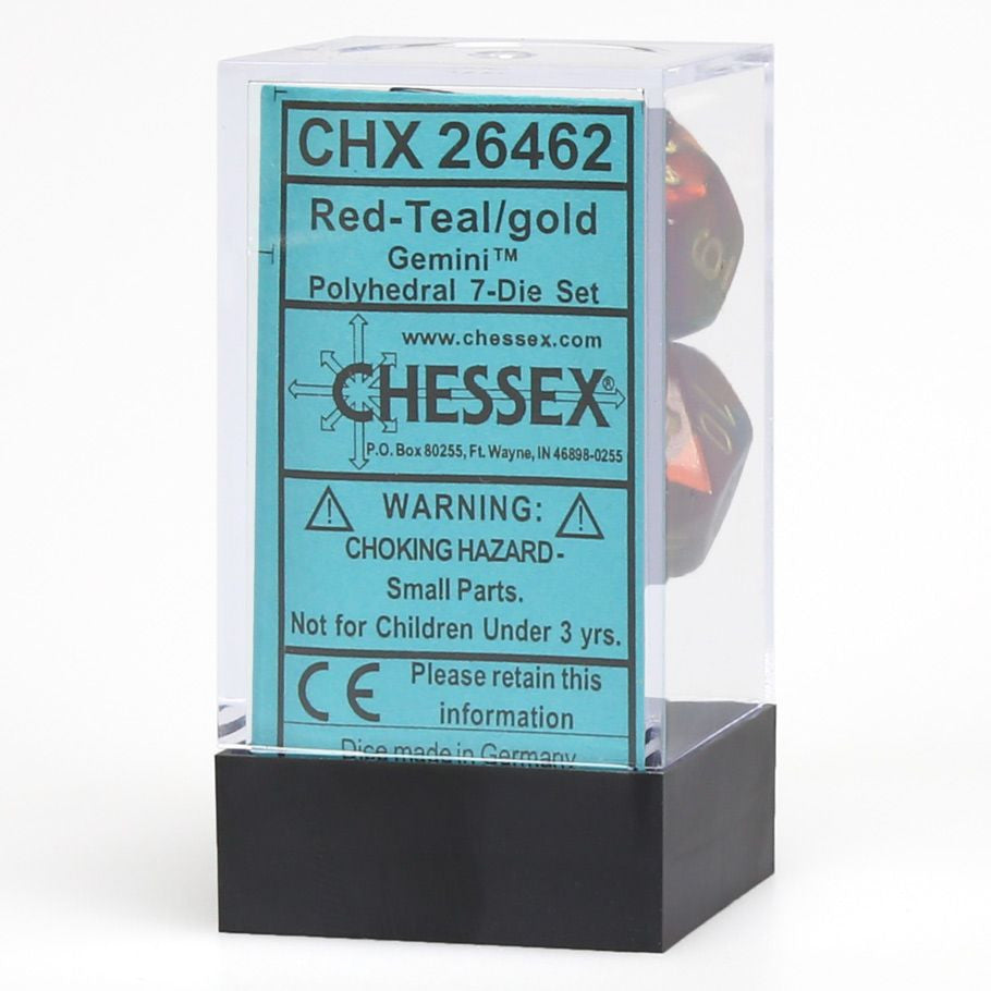7-Set Cube Gemini Red and Teal with Gold Dice Chessex 7-SetCubeGemini#7 RDTLgd