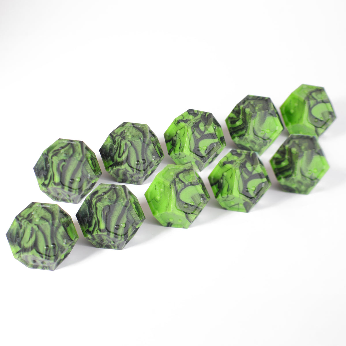 Die Hard Dice 10d12 Set - DOTS Braille Acrylic - Cursed Acid Dice Die Hard Dice 10ct Braille Acrylic - D12 Cursed Acid
