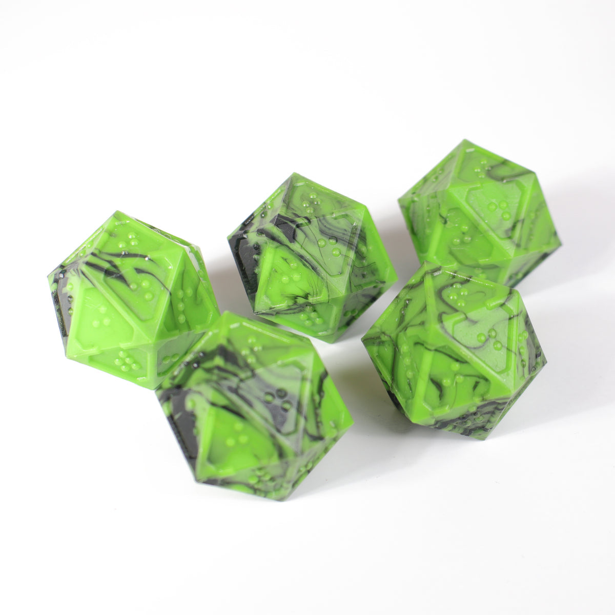 Die Hard Dice 5d20 Set - DOTS Braille Acrylic - Cursed Acid Dice Die Hard Dice 5ct Braille Acrylic - D20 Cursed Acid