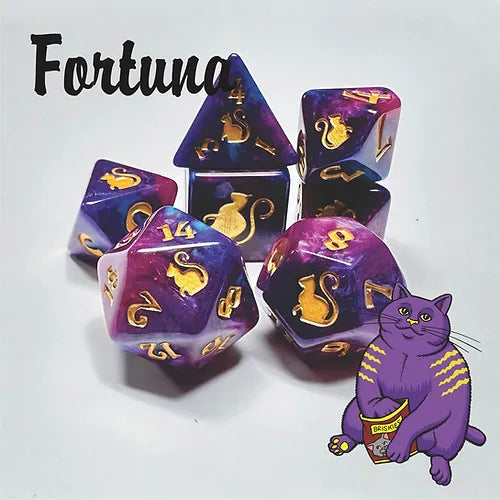 Kitty Clacks 7ct Polyhedral Dice Set Fortuna Dice Black Oak Workshop