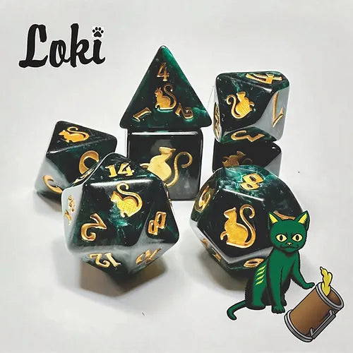 Kitty Clacks 7ct Polyhedral Dice Set Loki Dice Black Oak Workshop