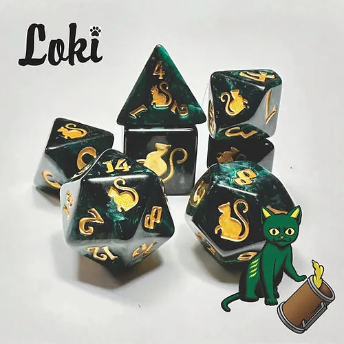 Kitty Clacks 7ct Polyhedral Dice Set Loki  Black Oak Workshop   