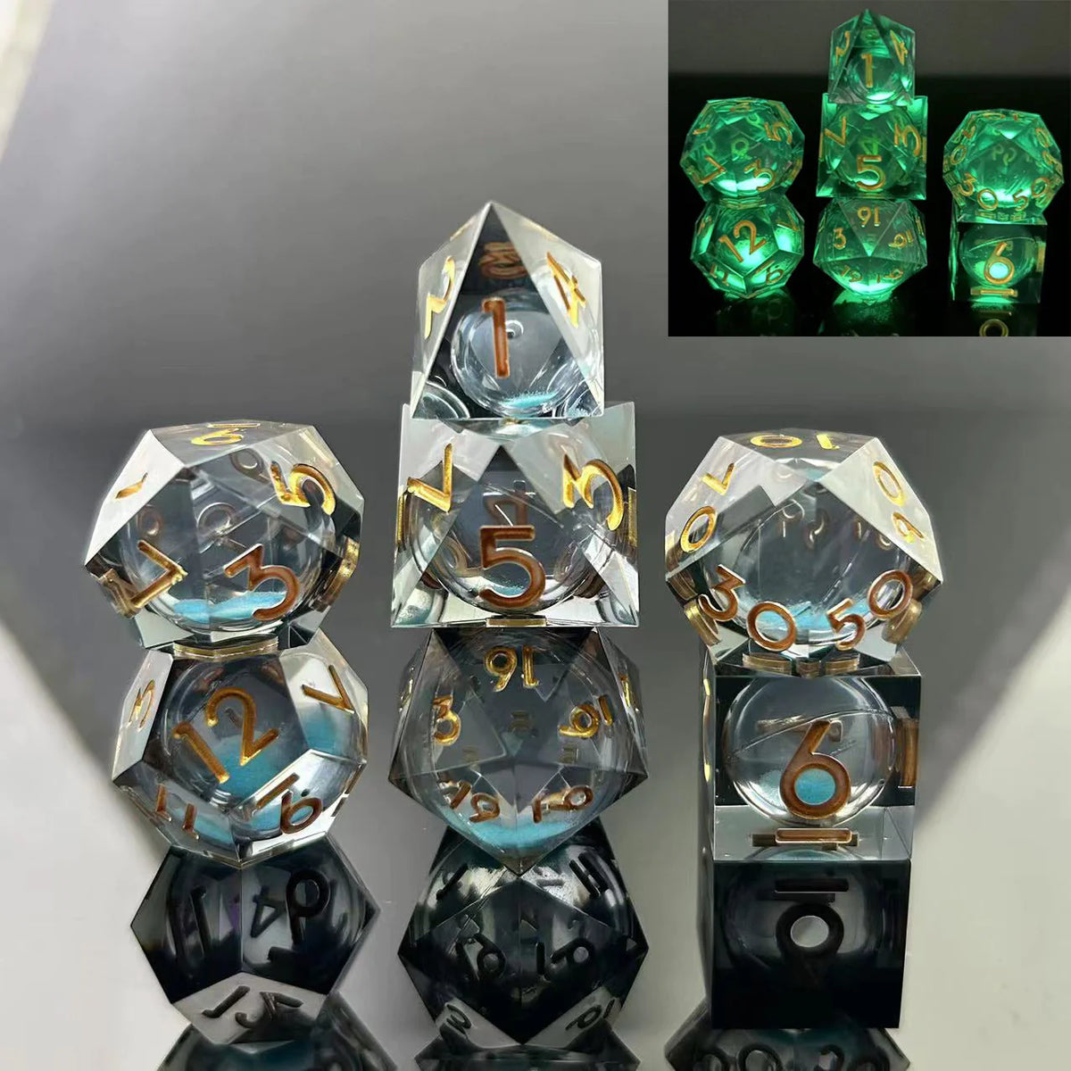 Sharp Edge Glow in the Dark Liquid Core RPG Dice Set - Blue Specter Dice Foam Brain Games   