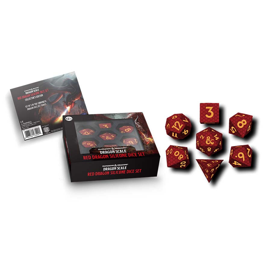 FANROLL: DUNGEONS AND DRAGONS: DRAGON SCALE SILICONE DICE SET: RED (7CT POLY SET) Dice FanRoll by Metallic Dice Games 7ct Red Dragon Chrom Silicone