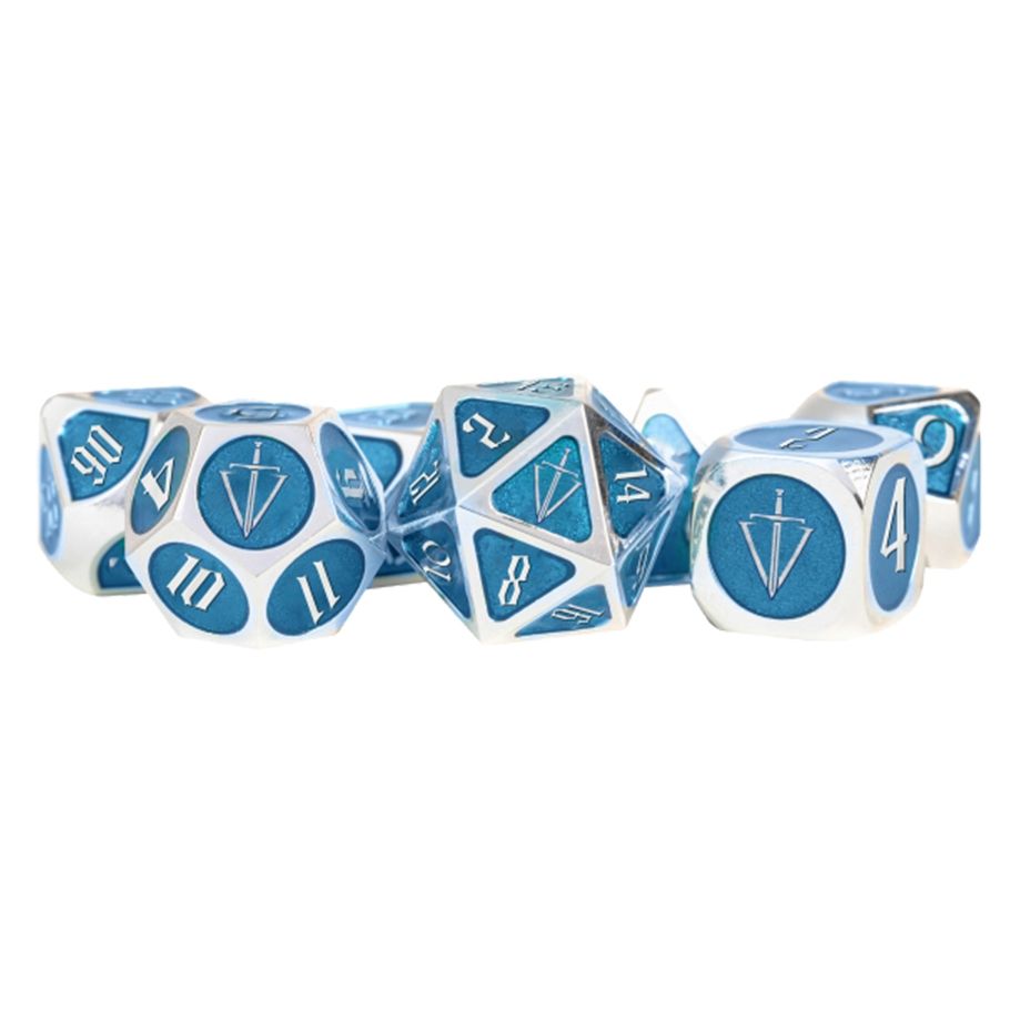 7ct Metal Dice: Tales of the Valiant Silver with Light Blue Enamel Dice FanRoll by Metallic Dice Games   