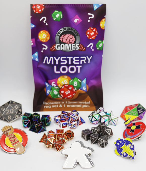 Epic Mystery Loot: Mini Metal RPG Set + Enamel Pin Dice Foam Brain Games   