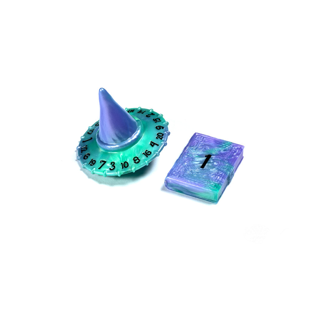 PolyHero Wizard d20 Wizard Hat and d2 Spellbook in Aether Mis Dice Asmodee PolyHero Spellbook in Aether Mis