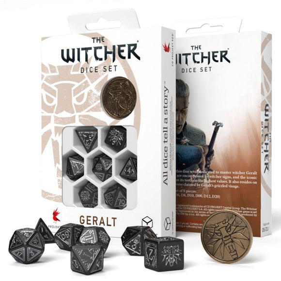 Q-Workshop The Witcher 7ct Polyhedral Dice Set Geralt Silver Sword Dice Common Ground Games   