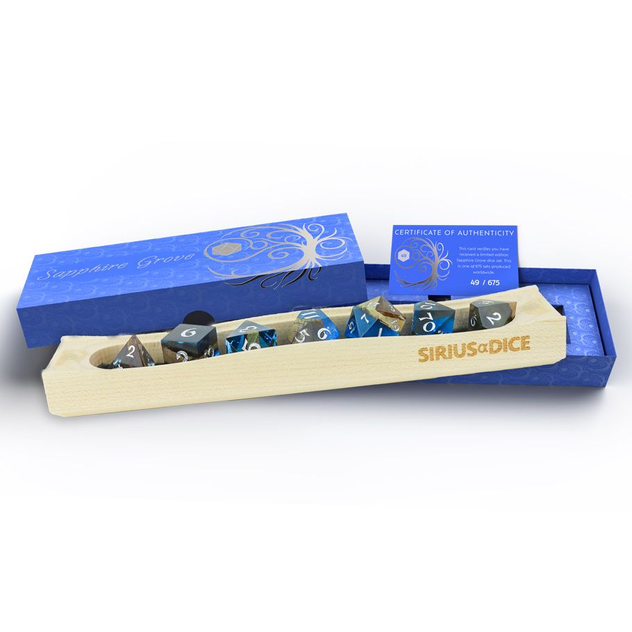 7-Set Sapphire Grove Blue Resin with Nanmu-Style Phoebe Zhennan Wood Dice Sirius Dice   