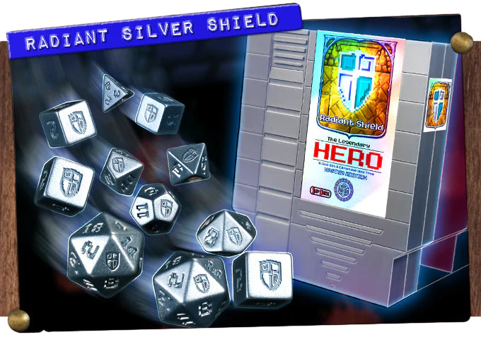 1UP Dice Polyhedral Set: Radiant Shield Silver Edition Dice Infinite Black