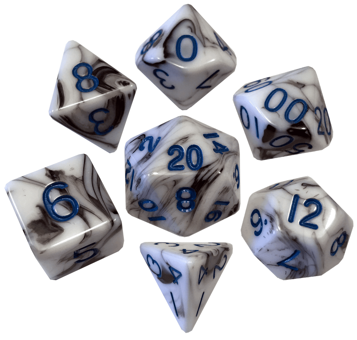 Metallic Dice Games Marble/Blue 7ct Polyhedral Dice Set Dice FanRoll by Metallic Dice Games