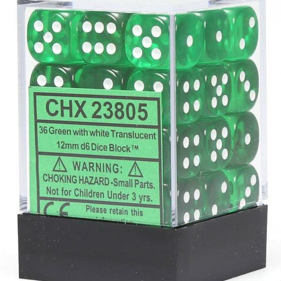 Chessex 12mm Translucent Green/White 36ct D6 Set (23805) Dice Chessex   