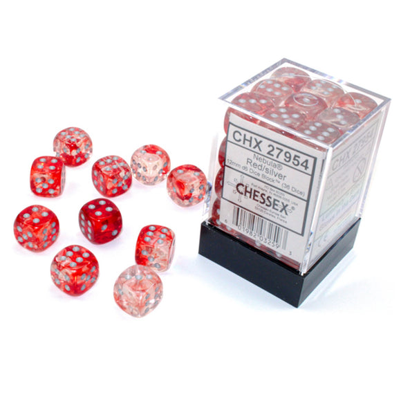 Chessex 12mm Nebula Red/Silver Luminary 36ct D6 Set (27954) Dice Chessex   