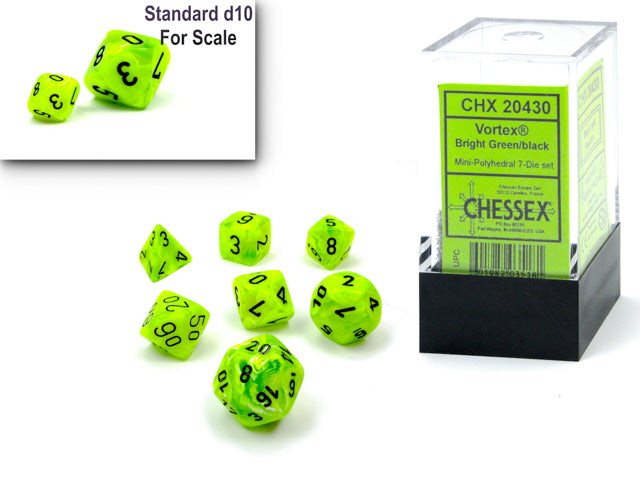 Chessex Mini 7ct Polyhedral Dice Set Vortex Bright Green/Black (20430) Dice Chessex   