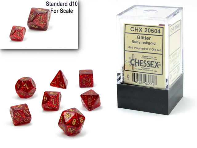 Chessex Mini 7ct Polyhedral Dice Set Glitter Ruby Red/Gold (20504) Dice Chessex   