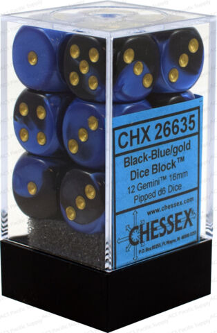 Chessex 16mm Gemini Black-Blue/Gold 12ct D6 Set (26635) Dice Chessex   