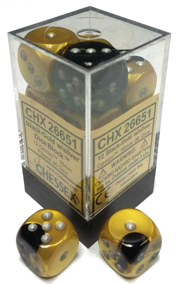 Chessex 16mm Gemini Black Gold/Silver 12ct D6 Set (26651) Dice Chessex   