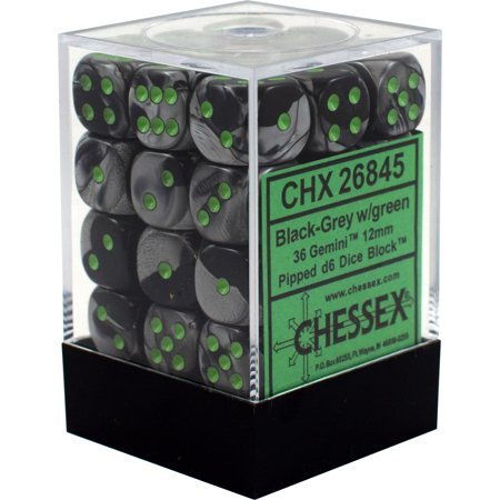 Chessex 12mm Gemini Black-Grey/Green 36ct D6 Set (26845) Dice Chessex   