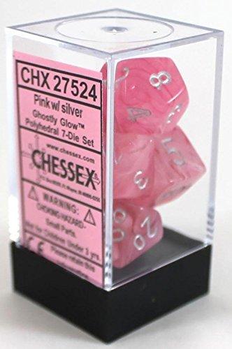 Chessex Ghostly Glow Pink/Silver 7ct Polyhedral Set (27524) Dice Chessex   