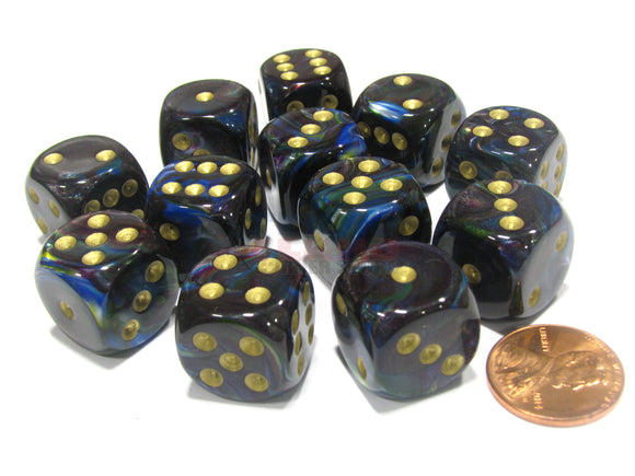 Chessex 16mm Lustrous Shadow/Gold 12ct D6 Set (27699) Dice Chessex   