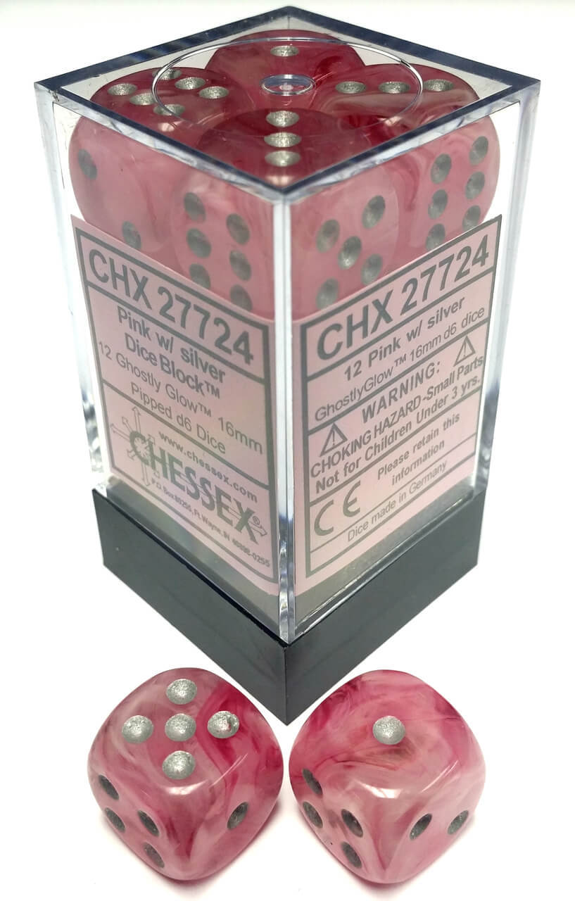 Chessex 16mm Ghostly Glow Pink/Silver 12ct D6 Set (27724) Dice Chessex   