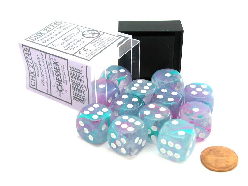 Chessex 16mm Nebula Wisteria/White Luminary 12ct D6 Set (27745) Dice Chessex   