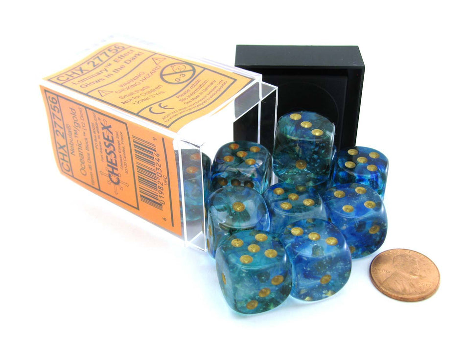 Chessex 16mm Nebula Oceanic/Gold Luminary 12ct D6 Set (27756) Dice Chessex   