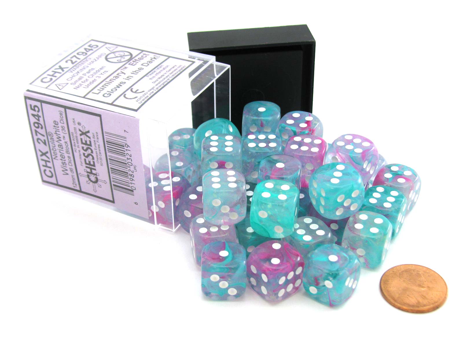 Chessex 12mm Nebula Wisteria/White Luminary 36ct D6 Set (27945) Dice Chessex   