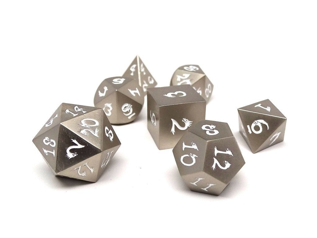 Easy Roller Metal Dice of Ancient Dragons Silver/White 7ct Polyhedral Set Dice Easy Roller Dice