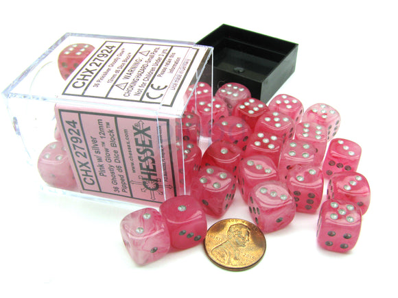 Chessex 12mm Ghostly Glow Pink/Silver 36ct D6 Set (27924) Dice Chessex   